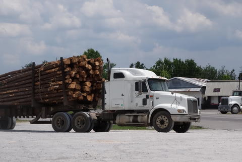 Logging truck stopped at a gas station