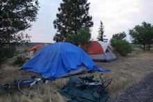 Tent with a big blue tarp